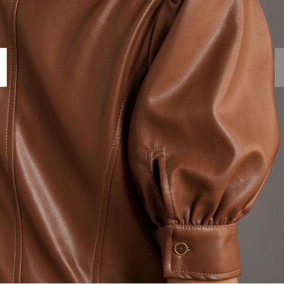 Anthropologie Faux Leather Puff-Sleeve Zip-Front Midi Dress - Picture 3 of 3